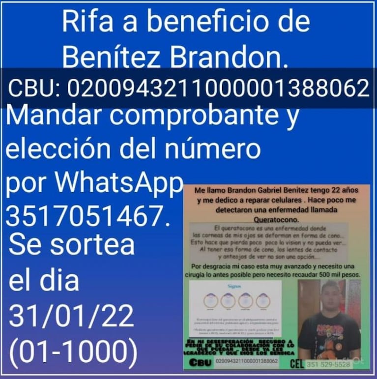 Brandon necesita 500 mil pesos para no quedar ciego