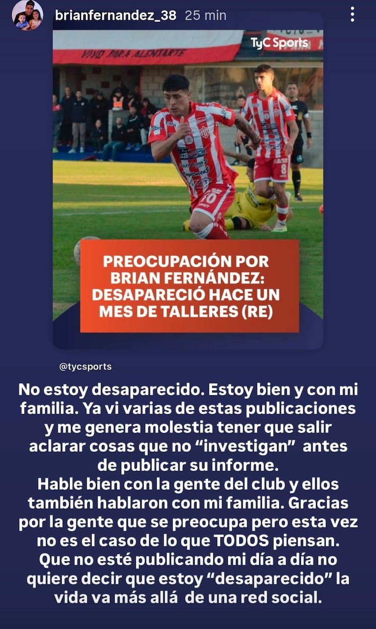 Brian Fernández posteó sobre su supuesta "desaparición".