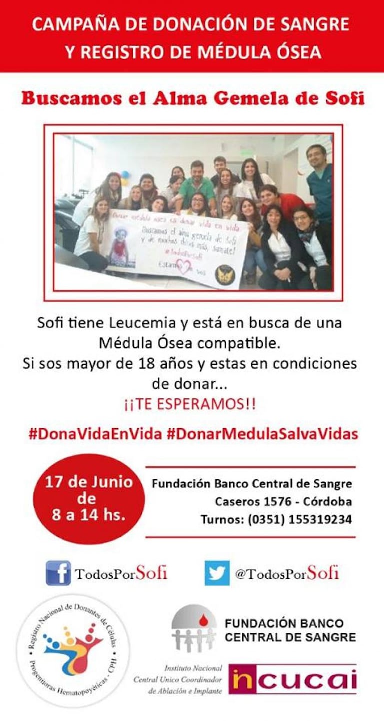 Buscan donantes para Sofi, una nena que padece leucemia