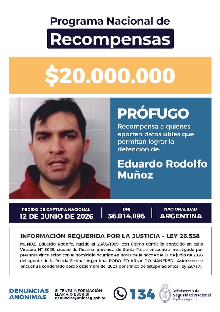 Buscan en todo el país al prófugo por el crimen del policía Manfredi: recompensa de $20 millones