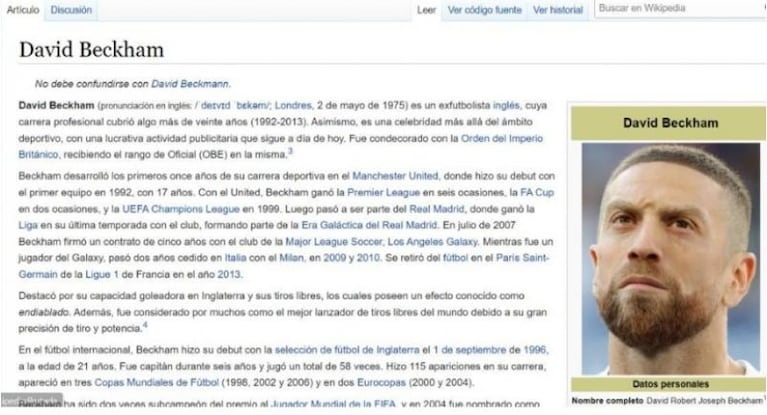 Cambiaron la foto de David Beckham en Wikipedia y pusieron la del Papu Gómez