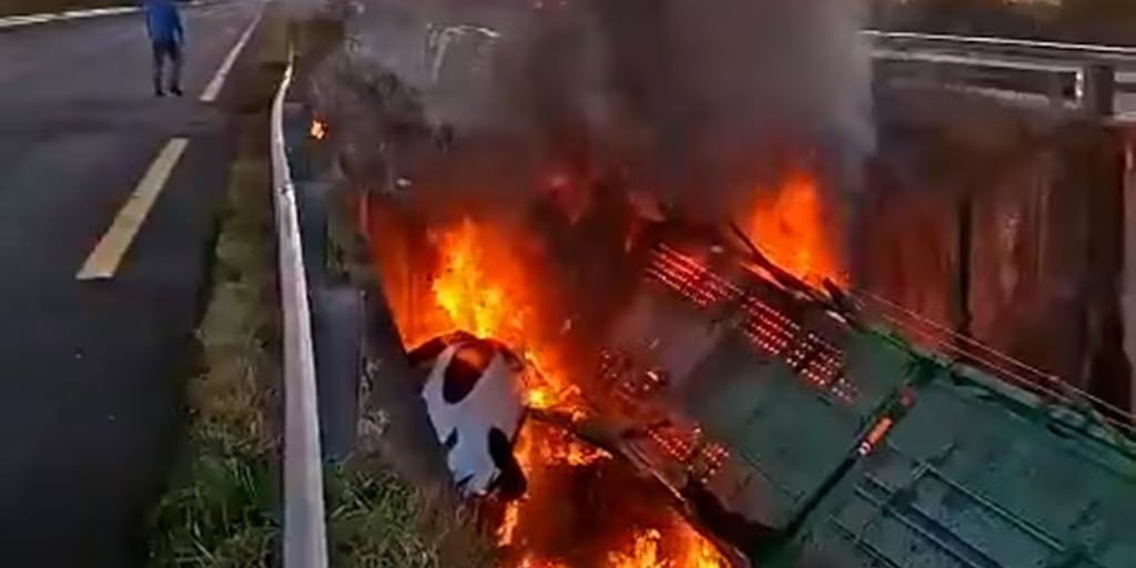 Camión cayó de un puente y su conductor murió incinerado.