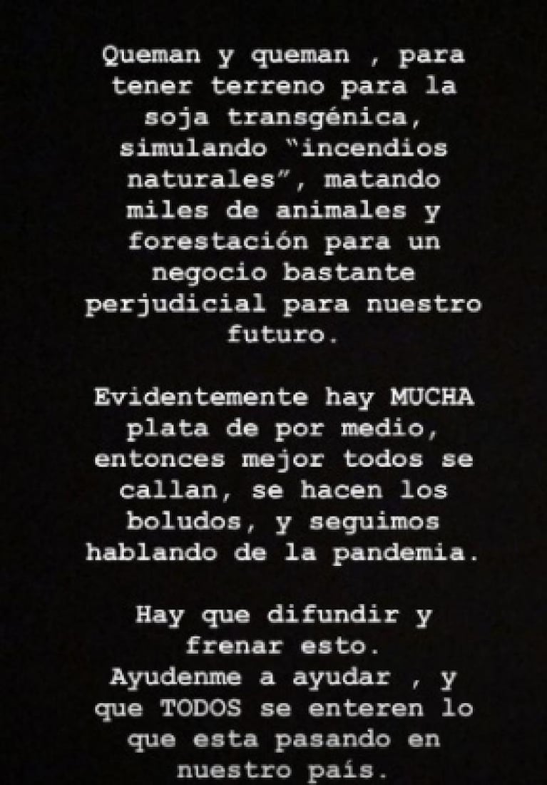 Cande Tinelli enojada con la dramática situación de los incendios en Córdoba