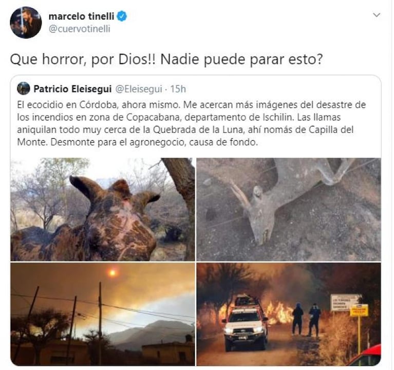 Cande Tinelli enojada con la dramática situación de los incendios en Córdoba