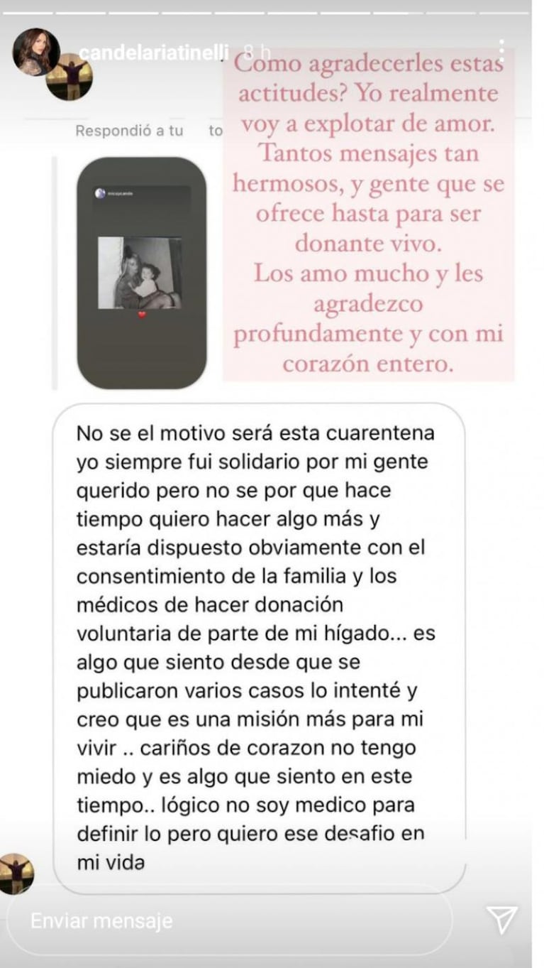 Cande Tinelli le respondió al seguidor que quiere ser donante para su mamá