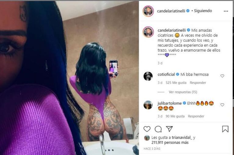 Cande Tinelli mostró sus tatuajes más osados y Coti Sorokin le dejó un tierno piropo