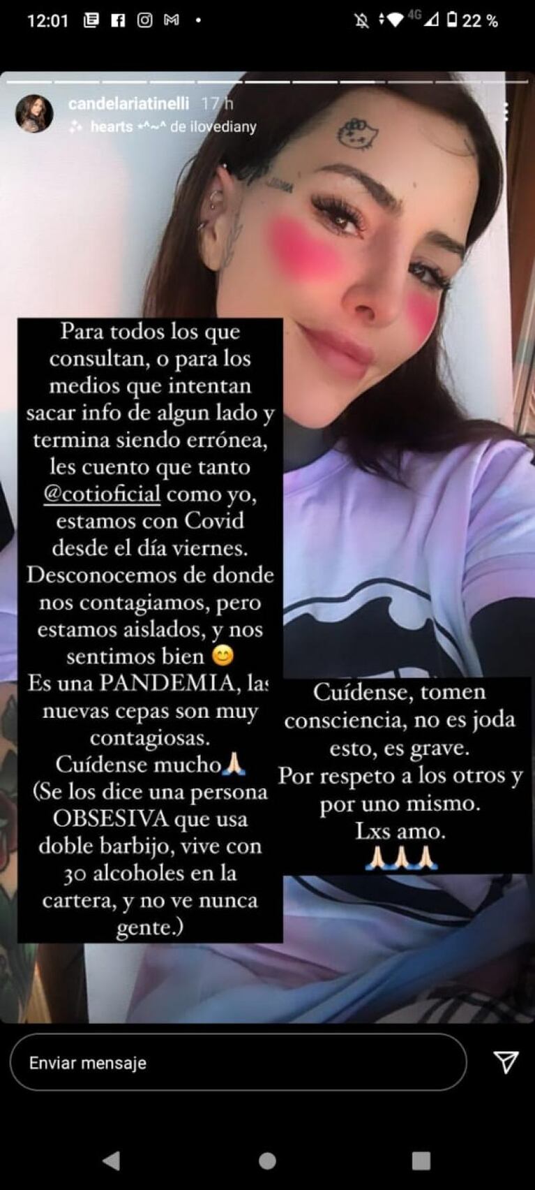 Cande Tinelli y su novio Coti Sorokin dieron positivo de coronavirus