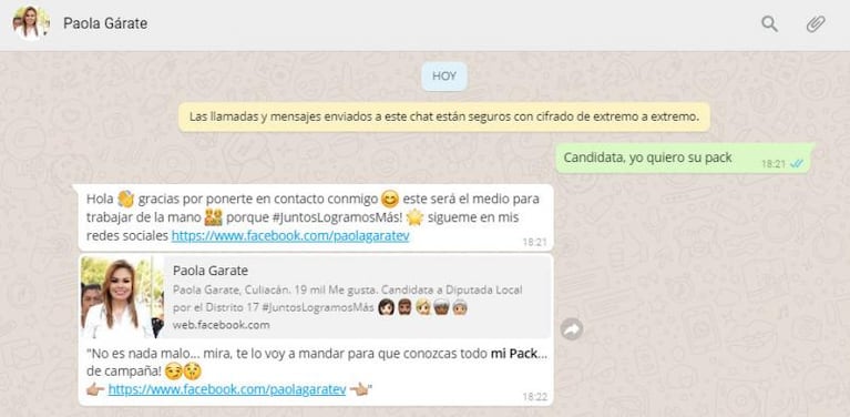 Candidata en México ofrece su "pack" por WhatsApp