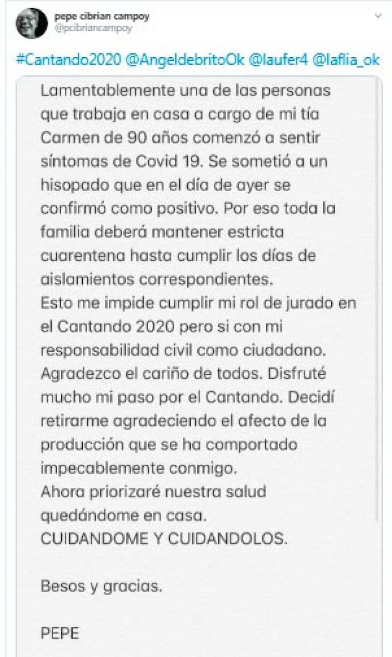 Cantando 2020: un integrante del jurado renunció y deberá aislarse