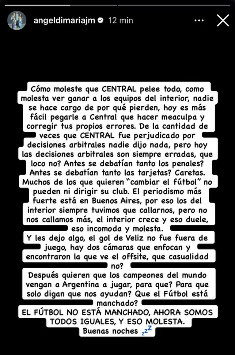 “Caretas”: el explosivo descargo de Di María tras la victoria de Rosario Central