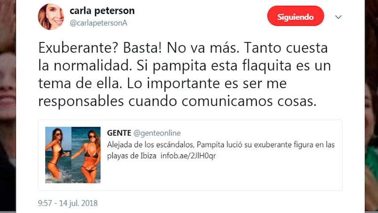 Carla Peterson, furiosa por cómo un medio describió a Pampita