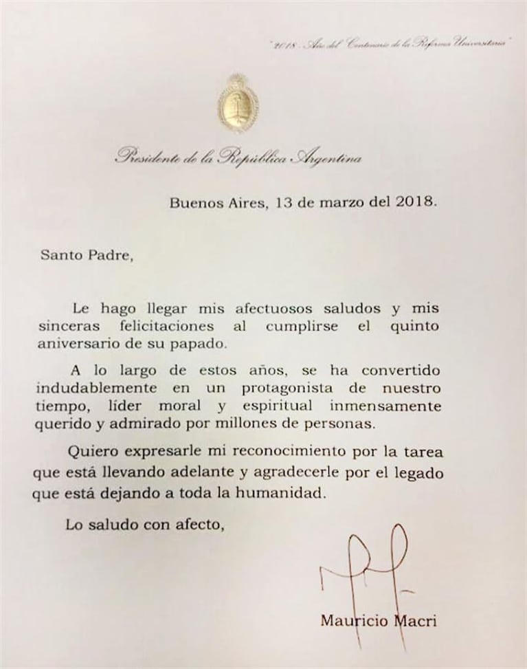 carta de macri al papa