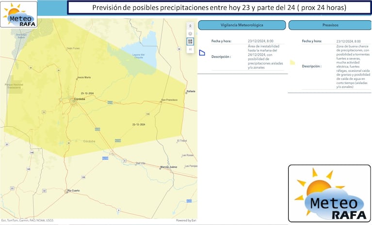 Chances de tormentas fuertes en la zona marcada en amarillo.