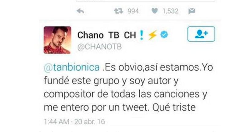 Chano se enteró por Twitter de la separación de Tan Biónica