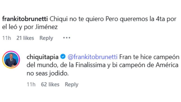 Chiqui Tapia le respondió a un seguidor en Instagram.