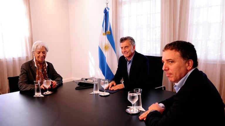 Christine Legarde, la titular del FMI, junto a Mauricio Macri y Nicolás Dujovne.