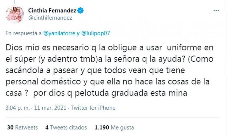 Cinthia Fernández liquidó a Luciana Salazar por llevar a su empleada al súper: “Pelot…”