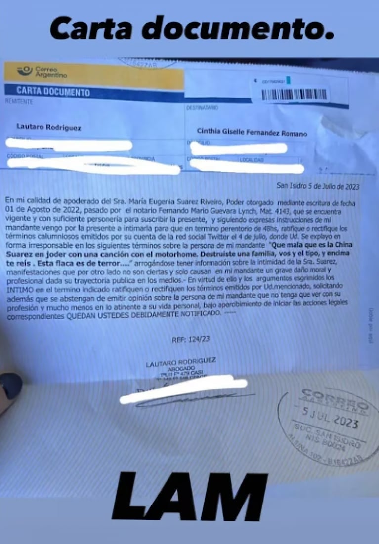 Cinthia Fernández reveló con ironía qué hizo con la carta documento de la China Suárez