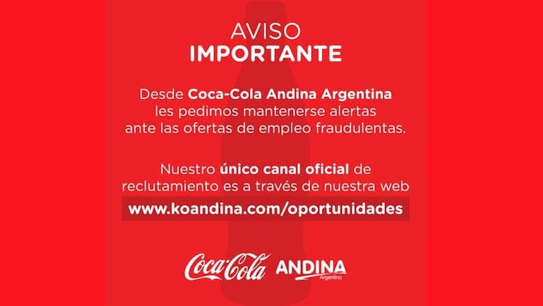 Coca Cola advirtió por ofertas de empleos falsas