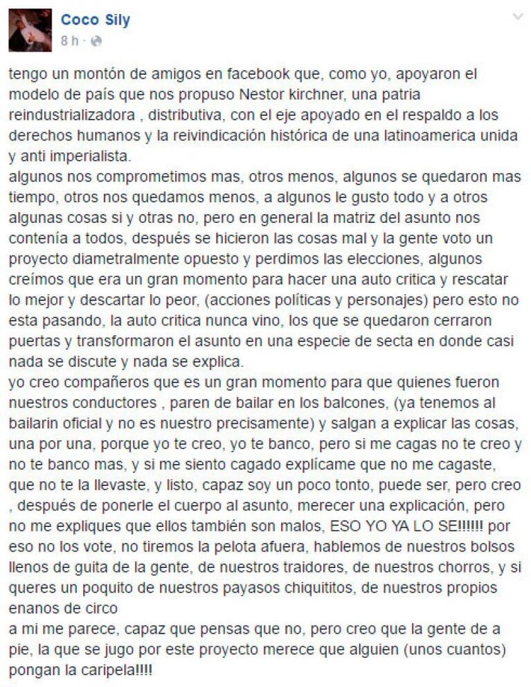 Coco Sily pidió que Cristina "pare de bailar en los balcones" y dé explicaciones