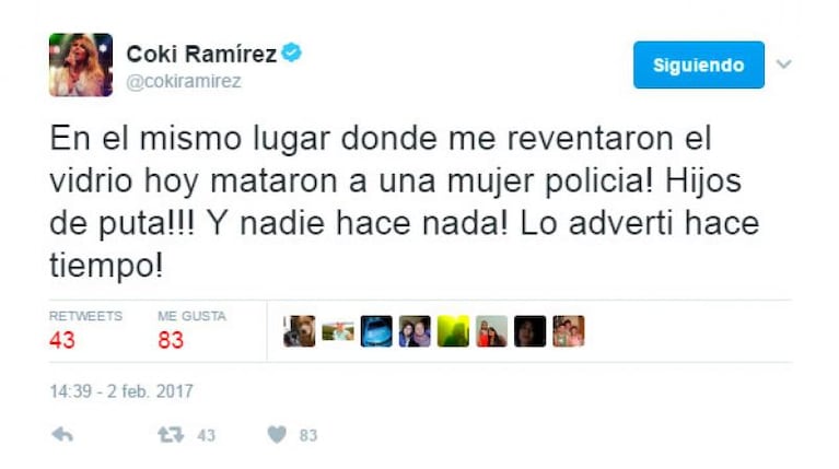 Coki Ramírez indignada por el crimen de la mujer policía