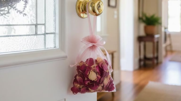 Colgar una bolsita con pétalos de rosa en la puerta promete atraer amor y armonía al hogar.