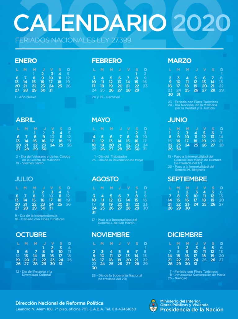 Cómo quedó el calendario de feriados para el 2020