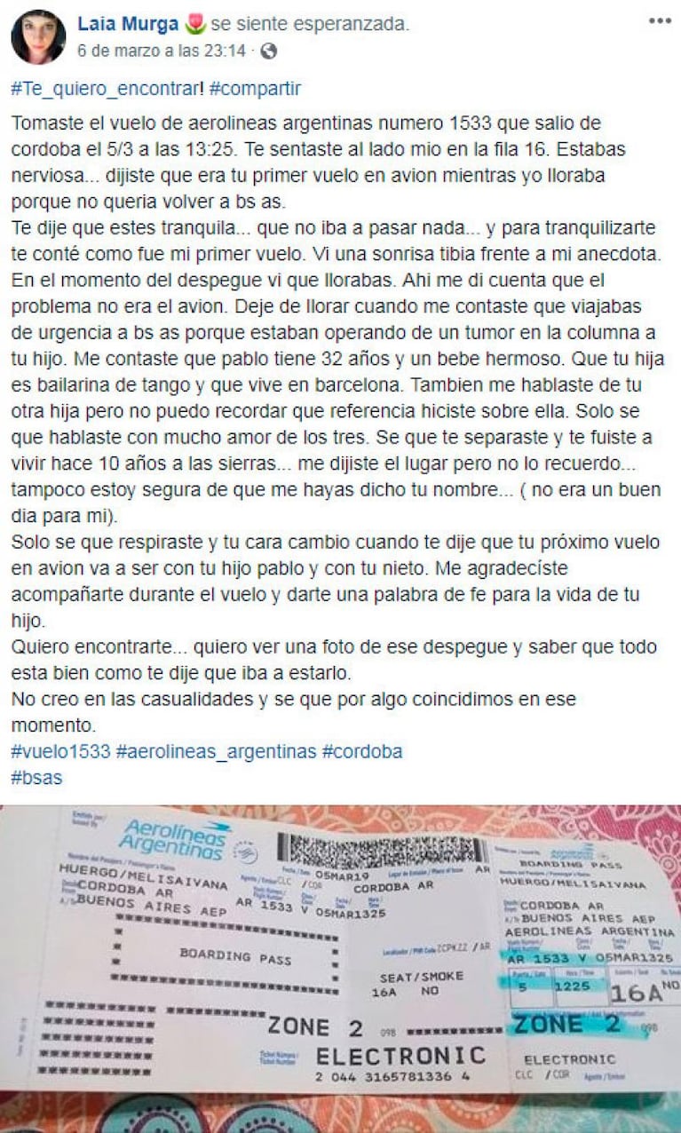 Compartió el vuelo con una mujer, la buscó por Facebook y logró encontrarla