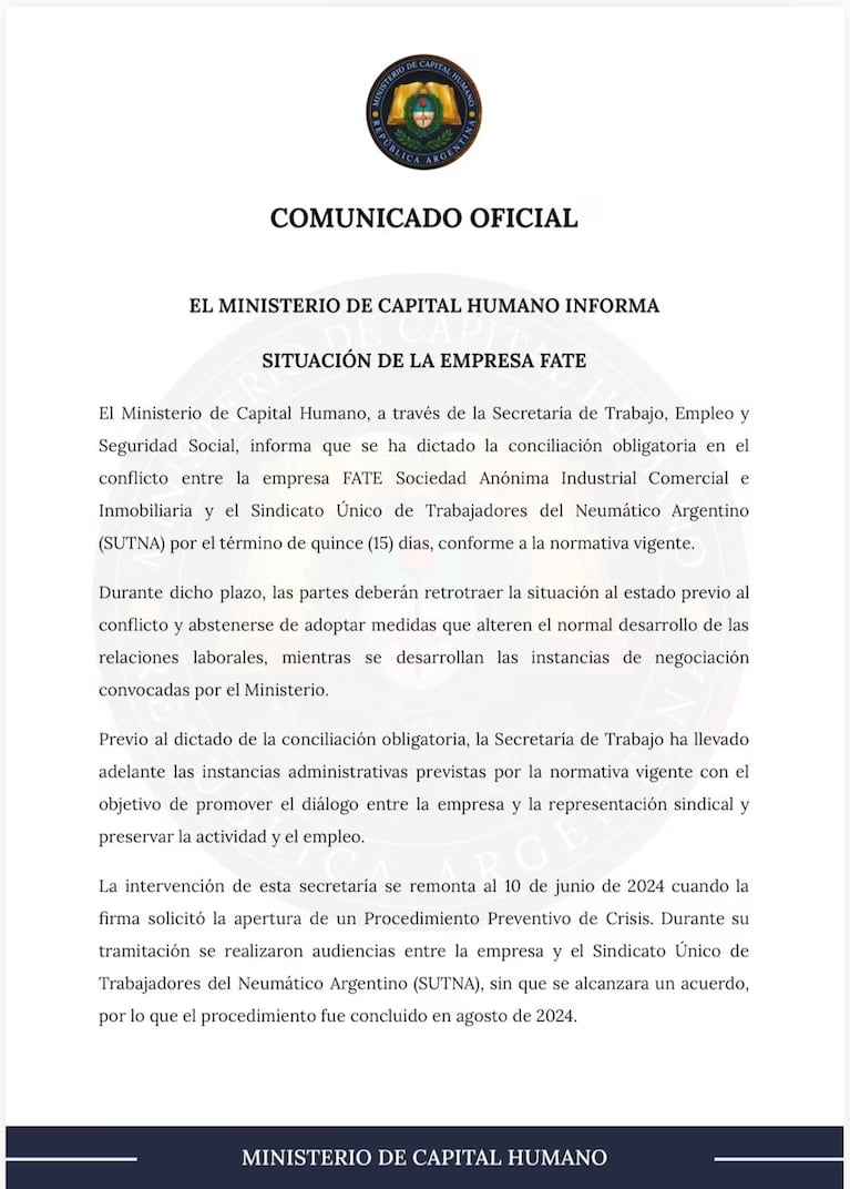 Comunicado de Capital Humano.