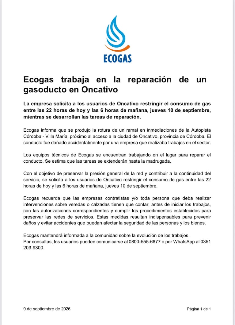 Comunicado de Ecogas.