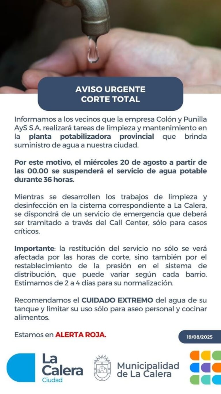 Comunicado de la Municipalidad de La Calera.
