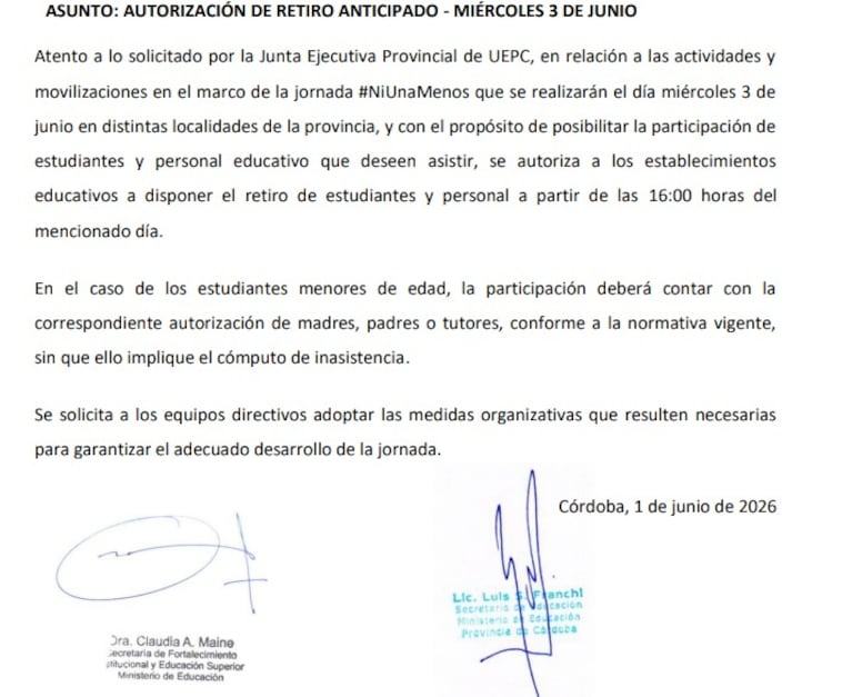 Comunicado del Ministerio de Educación.
