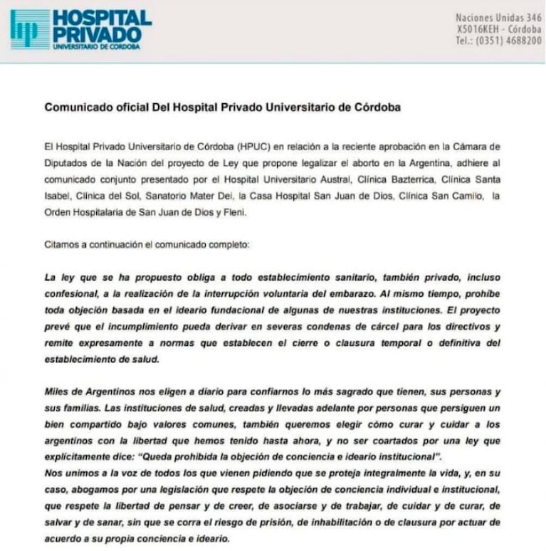 comunicado hospital privado