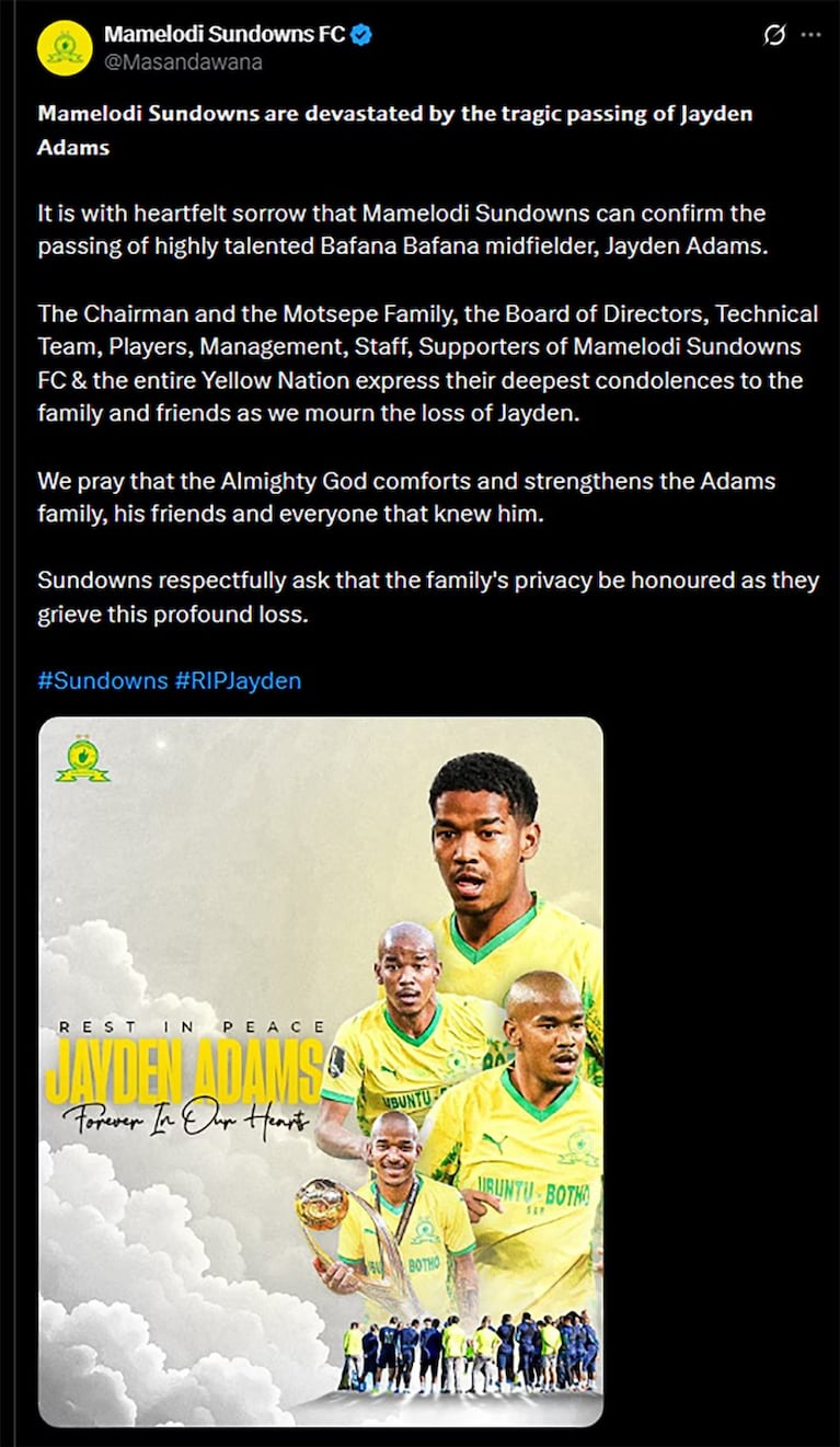 Comunicado por la muerte de Jayden Adams.
