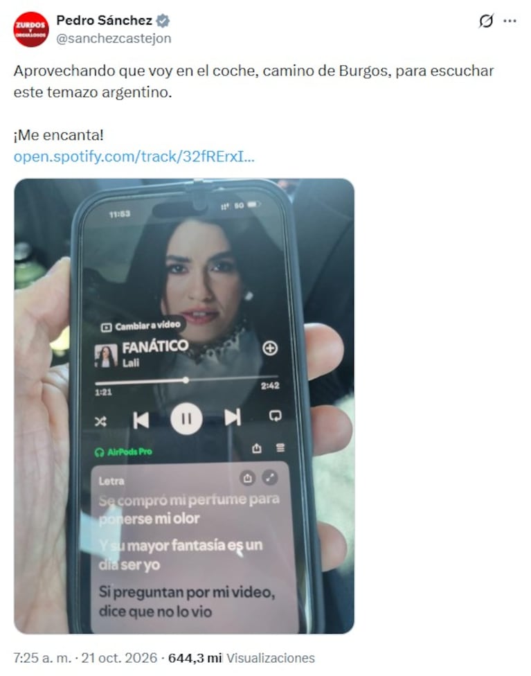 Con una canción de Lali, Pedro Sánchez le respondió a Milei tras tratarlo de “impresentable dictador”