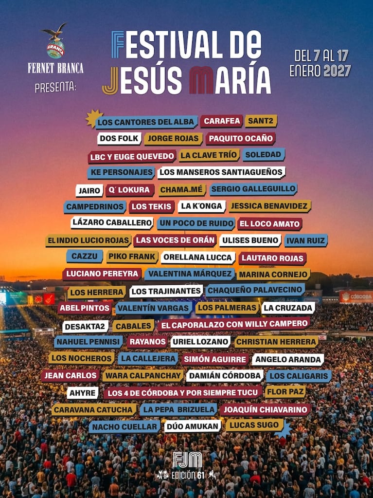 Confirmaron la grilla completa de artistas para el Festival de Jesús María 2027