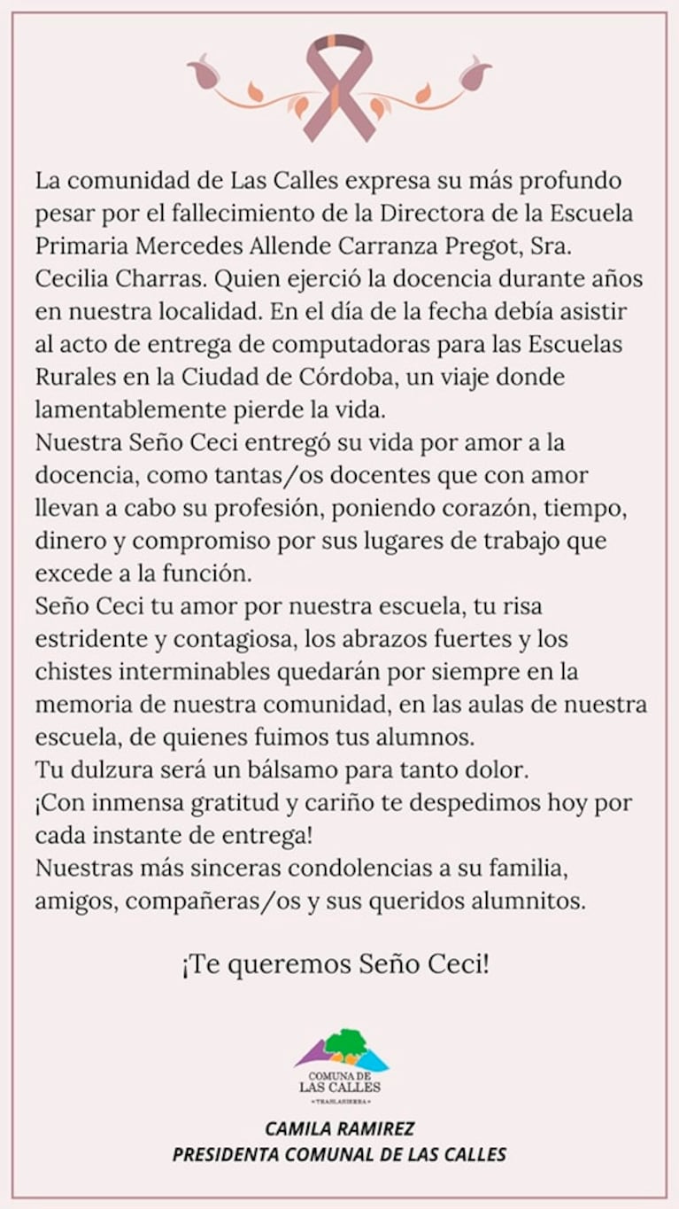 Conmoción por la muerte de la directora de una escuela de Traslasierra en el vuelco de las Altas Cumbres