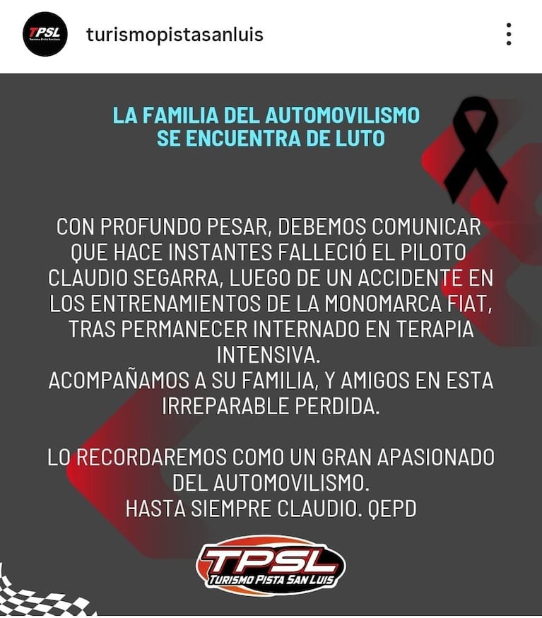 Conmoción por la muerte de un piloto cordobés tras estrellarse con su auto en el autódromo de Río Cuarto