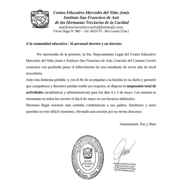 Conmoción por la muerte de una nena de 14 años en un colegio de Río Cuarto