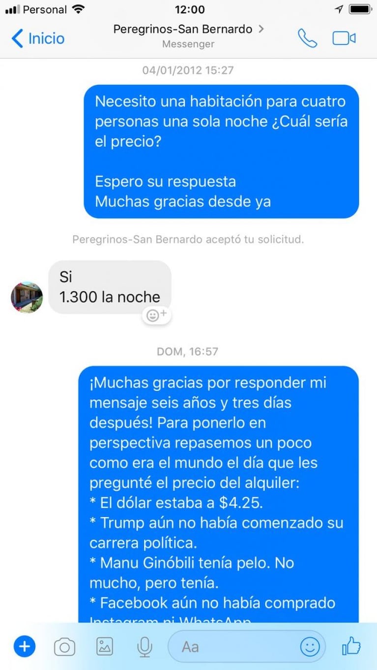 Consultó por una habitación y le respondieron seis años después 