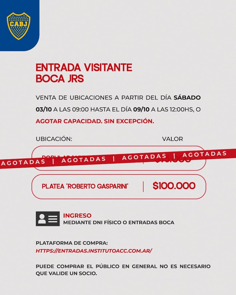 Continúa la venta de entradas para hinchas de Boca para el partido ante Instituto en el Kempes.