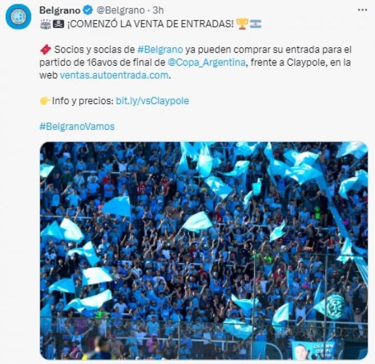 Copa Argentina: venta de entradas para ver a Belgrano e Instituto