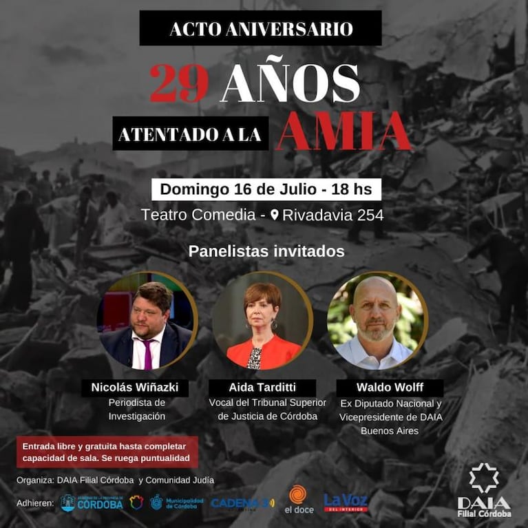 Córdoba conmemorará los 29 años del atentado a la Amia con un acto en el Teatro Comedia