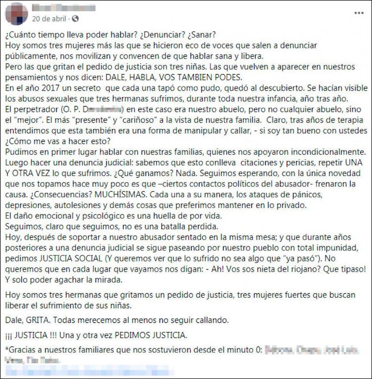 Córdoba: detuvieron a un abuelo abusador tras la carta en Facebook de su nieta