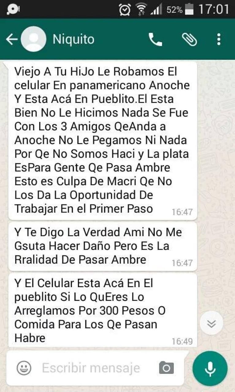 Córdoba: le robaron el celular y le avisaron por chat al padre