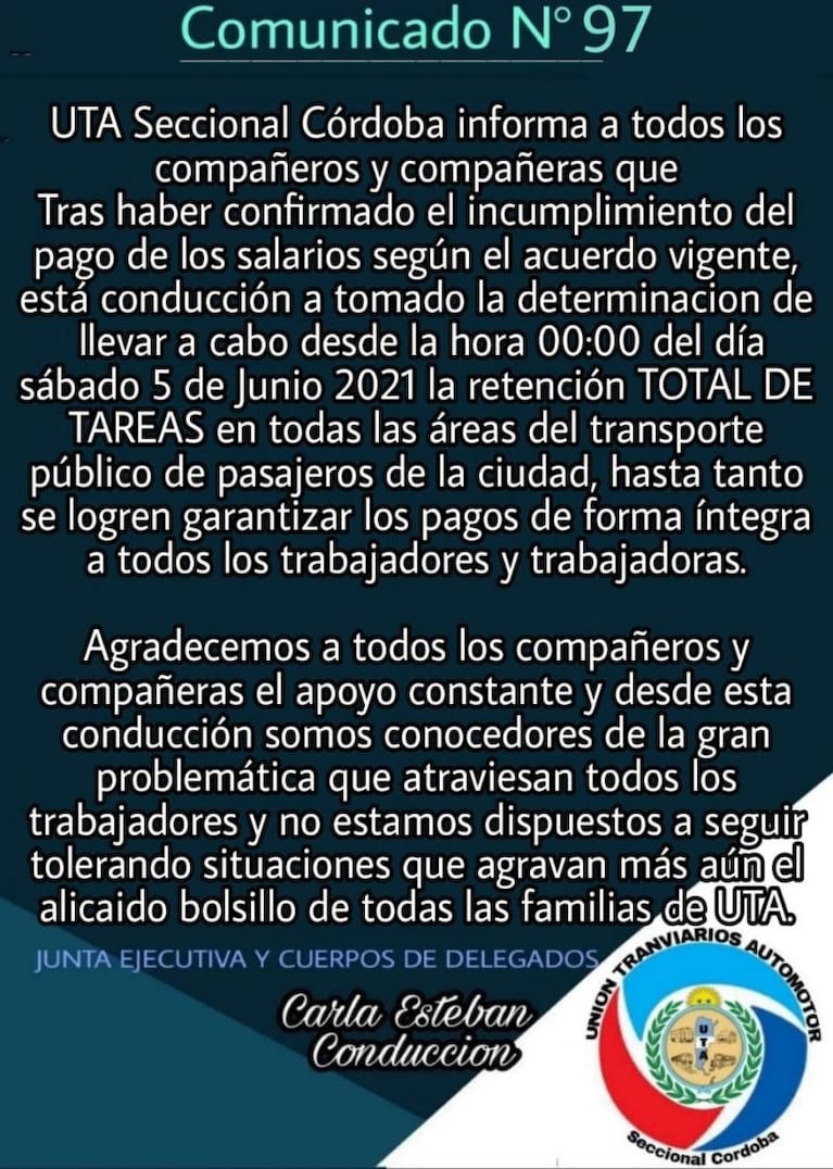 Córdoba: UTA paralizó el servicio y no hay transporte urbano