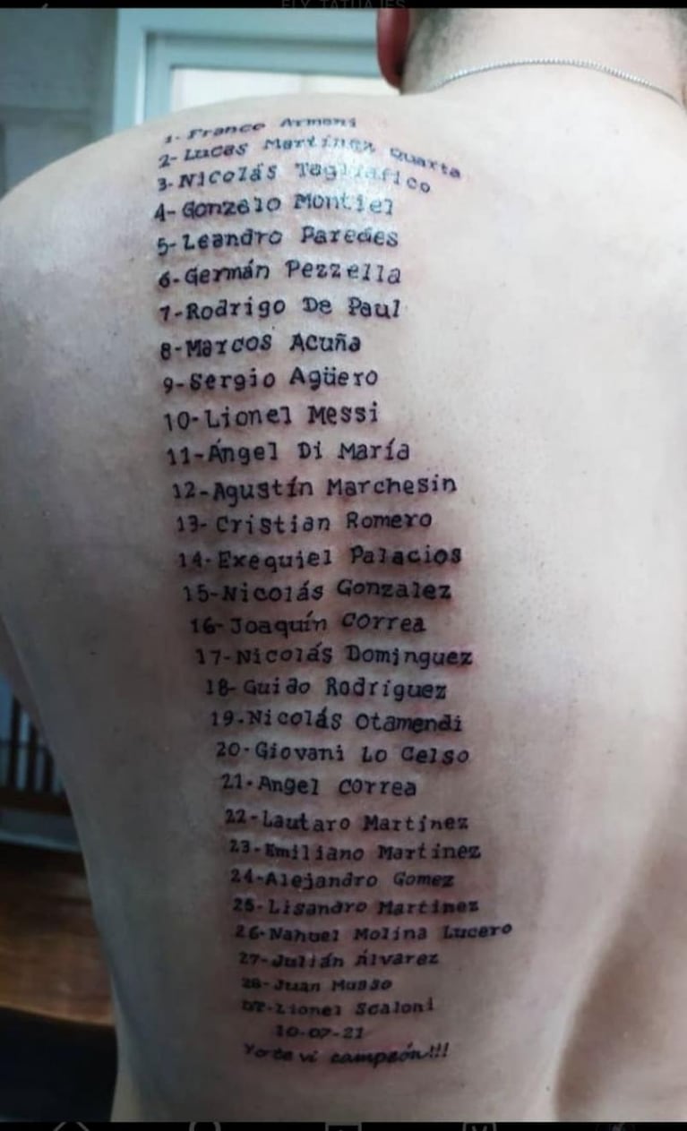 Cordobés se tatuó al plantel de la Selección Argentina en la espalda