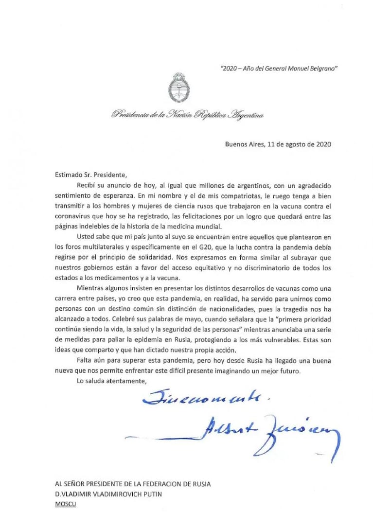 Coronavirus: Alberto Fernández envió una carta y felicitó a Vladimir Putin por la vacuna rusa