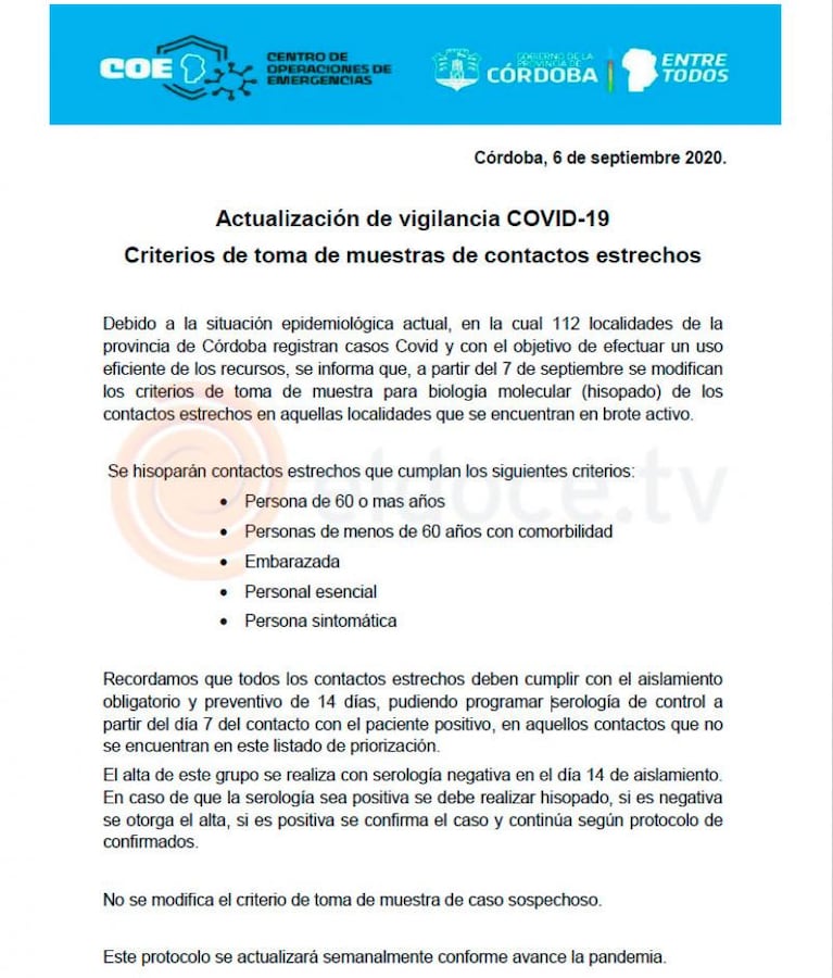 Coronavirus: Córdoba cambia la forma de testear a contactos estrechos