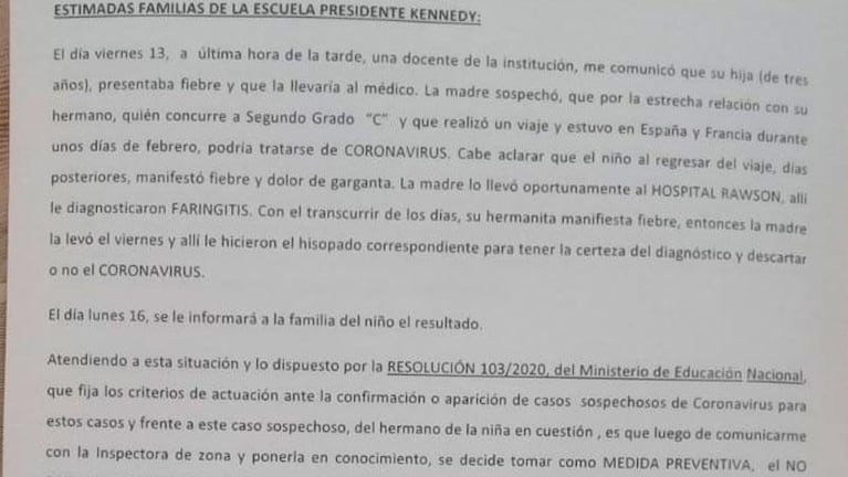 Coronavirus: dos grados de una escuela de Córdoba no tendrán clases por prevención